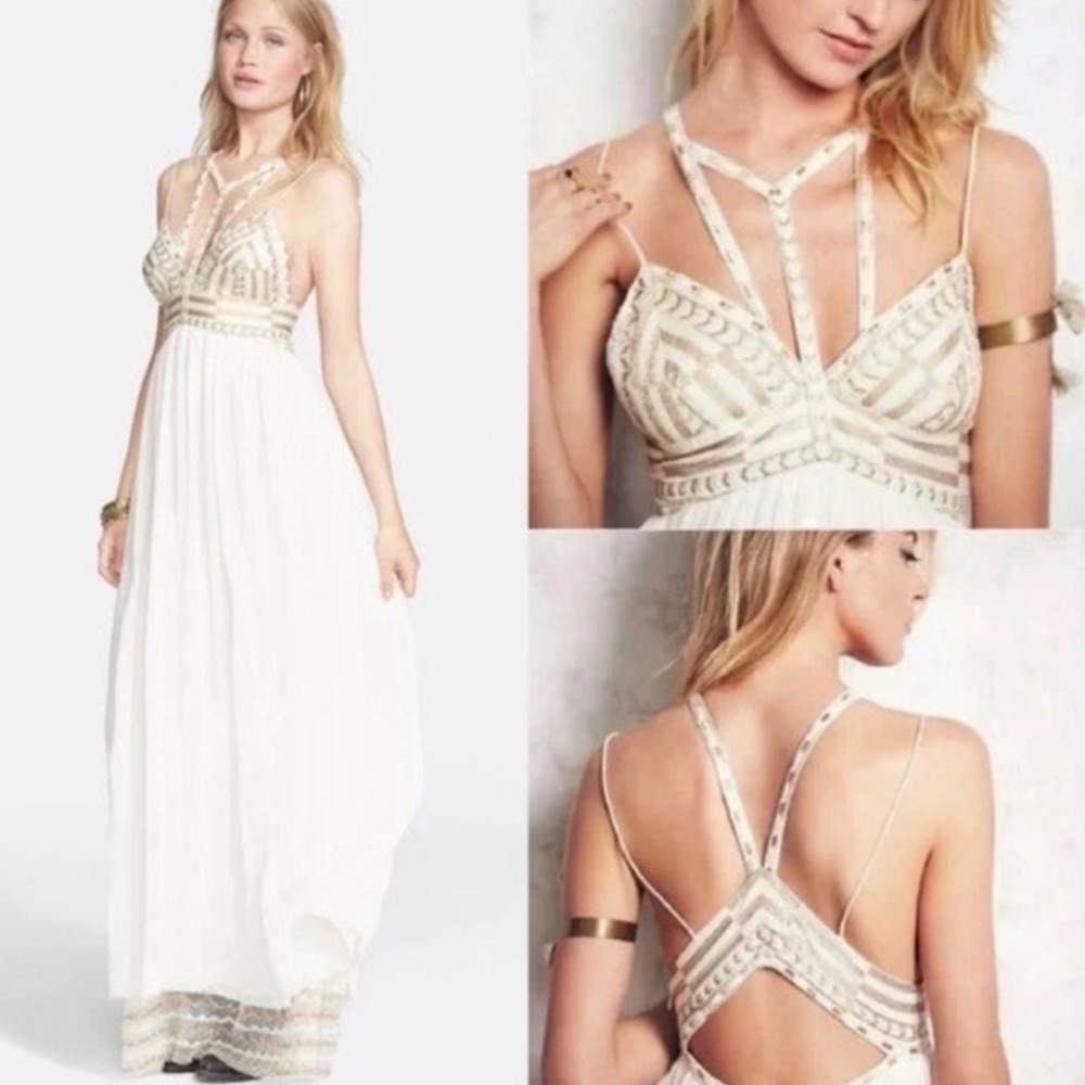 Free People Sacred Geometry Strappy Embroidered Pleated Maxi Dress Ivory Size 2